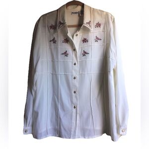 Koret Women’s 18 Blouse White Sheer Floral Embroidered Button-Up Long Sleeve Top